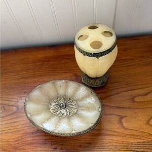 Vintage Springmaid Faux Marble Alabaster Look Toothbrush Holder & Soap Dish Set
